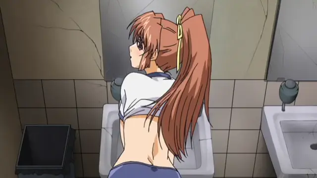 An anime girl with long brown hair in a ponytail stands in a public restroom looking into a mirror, wearing a white crop top and blue shorts. Screenshot from Grope: Yami no naka no Kotoritachi - Episode 1