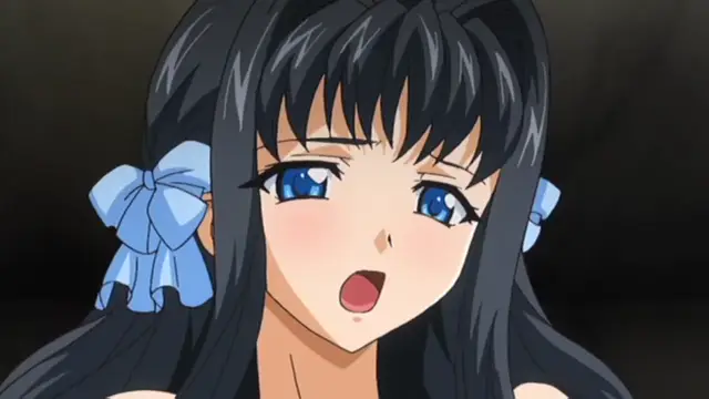 A close-up shot of a black-haired girl with blue ribbons and eyes looks shocked with an open mouth. Screenshot from Grope: Yami no naka no Kotoritachi - Episode 2
