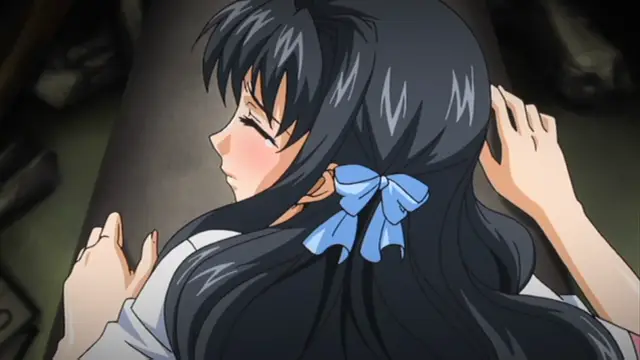 A close-up shot shows a girl with long black hair and a blue ribbon on her head with her eyes closed and a blushing face, leaning against a pillar. Screenshot from Grope: Yami no naka no Kotoritachi - Episode 2