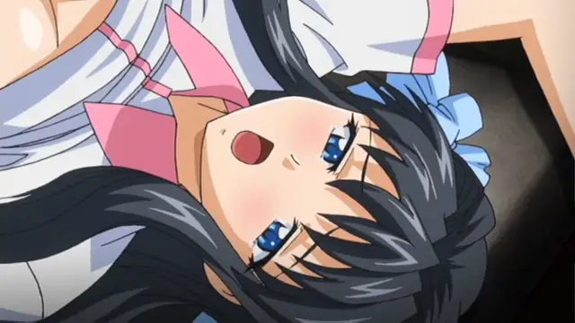 An anime girl with blue eyes and long black hair lies on her back with a dazed expression, wearing a white and pink school uniform. Screenshot from Grope: Yami no naka no Kotoritachi - Episode 2