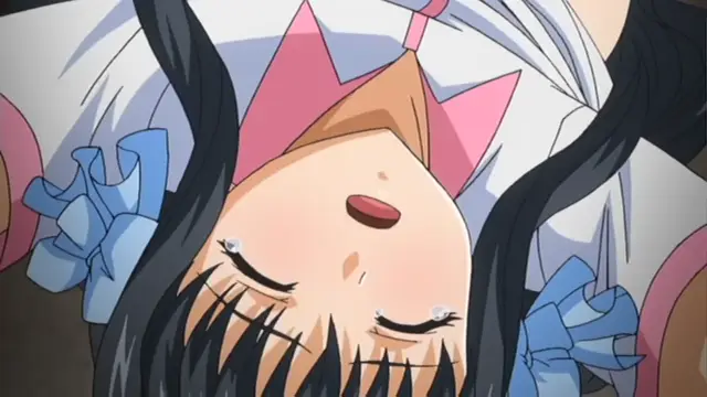A close-up, overhead shot shows an anime girl with black hair and large blue bows on her hair, lying on her back with her eyes closed and tears streaming down her face while wearing a white and pink outfit. Screenshot from Grope: Yami no naka no Kotoritachi - Episode 2