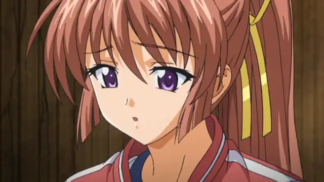 A close-up shot of an anime girl with long brown hair and purple eyes, wearing a red and white kimono, looking surprised with her mouth slightly open. Screenshot from Grope: Yami no naka no Kotoritachi - Episode 2