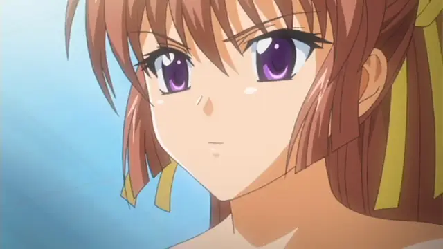 A close-up shot of a brown-haired anime girl with large purple eyes looking forward with a neutral expression. Screenshot from Grope: Yami no naka no Kotoritachi - Episode 2