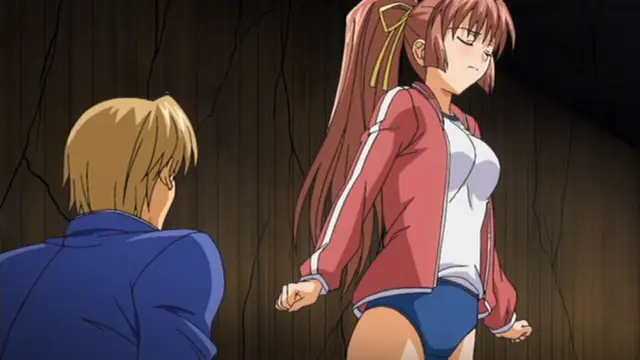 An anime girl with long brown hair tied in a ponytail, wearing a white tank top, a red jacket, and blue shorts, stands in a cave with an angry expression facing a blond-haired man in a blue suit. Screenshot from Grope: Yami no naka no Kotoritachi - Episode 2