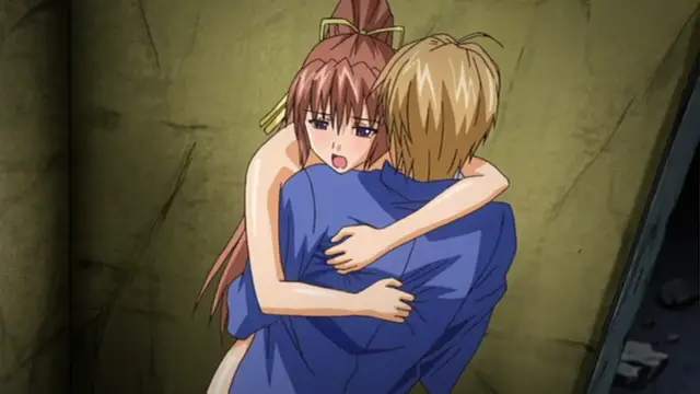 A brown-haired girl with a shocked expression embraces a blond man from behind in a dungeon-like setting. Screenshot from Grope: Yami no naka no Kotoritachi - Episode 2