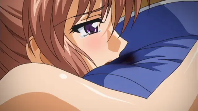 A crying anime girl with brown hair and purple eyes is shown with a blush on her face, pressing her face against a blue-clad man's chest. Screenshot from Grope: Yami no naka no Kotoritachi - Episode 2