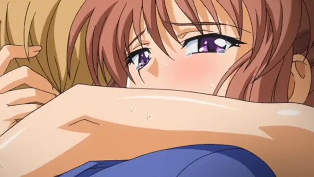 A blushing anime girl with purple eyes and brown hair looks tearfully at a blonde woman who is pressing her chest against the girl's face. Screenshot from Grope: Yami no naka no Kotoritachi - Episode 2