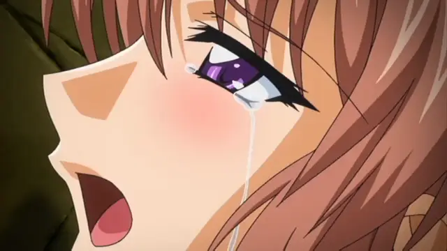 A close-up shot of a blushing anime girl with brown hair, wide eyes, and an open mouth, crying a single tear while looking upwards. Screenshot from Grope: Yami no naka no Kotoritachi - Episode 2
