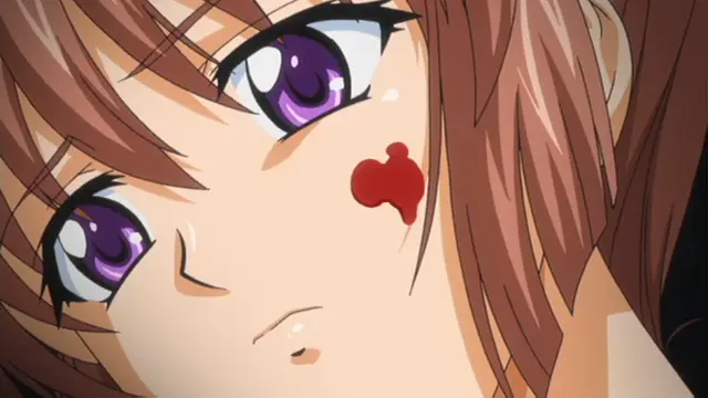 A close-up anime shot of a brown-haired girl with purple eyes looking slightly off-camera with a small red heart mark on her cheek. Screenshot from Grope: Yami no naka no Kotoritachi - Episode 2