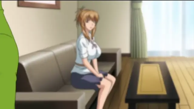 A schoolgirl in a white short-sleeved uniform and blue skirt sits on a couch with a blush on her face, looking toward a man in a green shirt. Screenshot from Sailor Fuku Shinryou Tsumaka - Episode 1