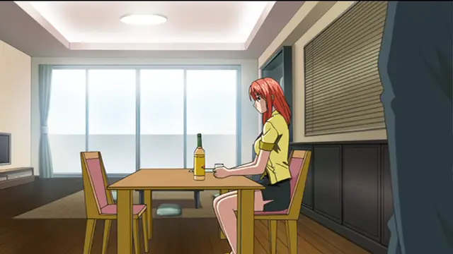 A red-haired woman in a yellow top and black shorts sits alone at a table in a modern room, holding a wine glass next to a bottle of white wine. Screenshot from Sailor Fuku Shinryou Tsumaka - Episode 1