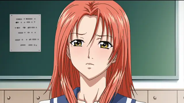 A close-up shot of an anime girl with long red hair and gold eyes looking forward with a sad expression while standing in a classroom in front of a chalkboard. Screenshot from Sailor Fuku Shinryou Tsumaka - Episode 1