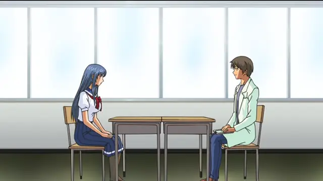 A high school girl with long blue hair in a school uniform sits across from a male doctor in a white lab coat at two joined tables in a clinical office. Screenshot from Sailor Fuku Shinryou Tsumaka - Episode 1