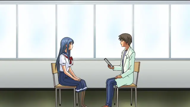 A girl with long blue hair in a school uniform sits across from a male doctor in a white coat, who is holding a clipboard while they talk in an office. Screenshot from Sailor Fuku Shinryou Tsumaka - Episode 1