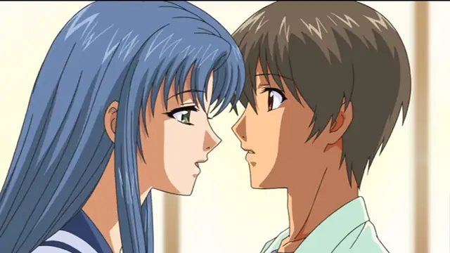 A young woman with long blue hair and a young man with short brown hair stand face-to-face in a close, intimate encounter. Screenshot from Sailor Fuku Shinryou Tsumaka - Episode 1