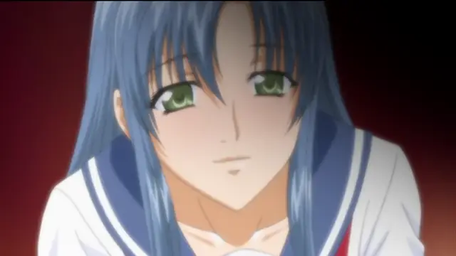 A close-up shot of a blue-haired anime girl with green eyes wearing a school uniform, looking towards the viewer with a blank expression. Screenshot from Sailor Fuku Shinryou Tsumaka - Episode 1