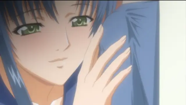 A close-up shot of a blue-haired anime girl with green eyes leaning against a blue pillow with a seductive smile. Screenshot from Sailor Fuku Shinryou Tsumaka - Episode 1