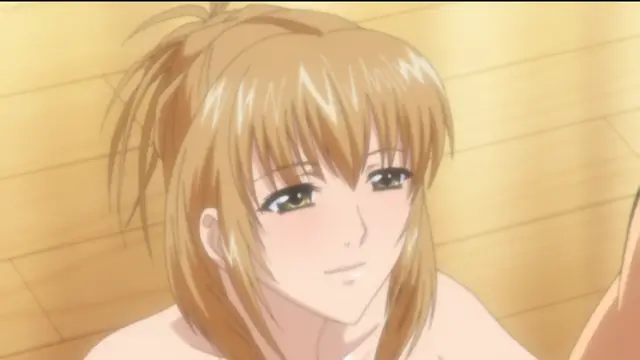 A young woman with long blonde hair and bangs smiles while sitting in what appears to be an onsen or bathhouse. Screenshot from Sailor Fuku Shinryou Tsumaka - Episode 1