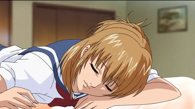 A girl with orange hair and closed eyes lies face down on a white bed wearing a school uniform with a red ribbon. Screenshot from Sailor Fuku Shinryou Tsumaka - Episode 1