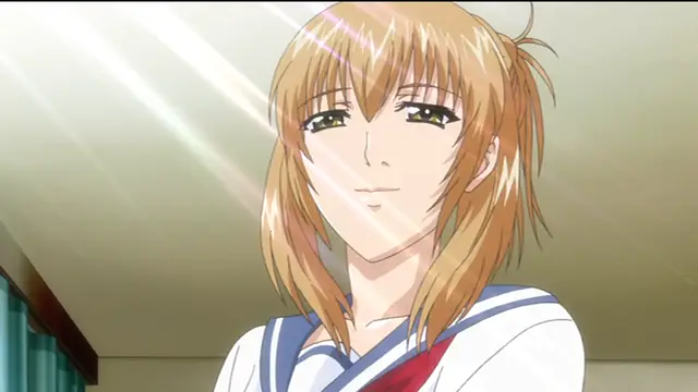 A medium shot of a brown-haired anime girl wearing a white and blue sailor uniform with a red necktie, smiling with a slight blush on her cheeks while surrounded by bright light flares. Screenshot from Sailor Fuku Shinryou Tsumaka - Episode 1