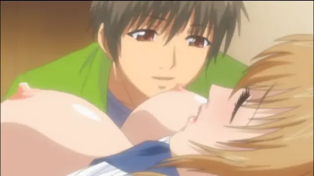 A young man with dark hair and a green shirt looks down at a blonde woman who is lying down with her large breasts exposed. Screenshot from Sailor Fuku Shinryou Tsumaka - Episode 2