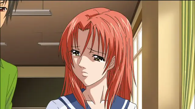 An anime girl with long orange hair and a school uniform looks down with a sad expression while standing next to a male character in a classroom. Screenshot from Sailor Fuku Shinryou Tsumaka - Episode 2