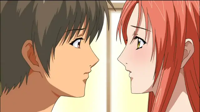 A young man with short grey hair and a young woman with long red hair gaze intensely at each other with blushing faces in a close-up shot. Screenshot from Sailor Fuku Shinryou Tsumaka - Episode 2
