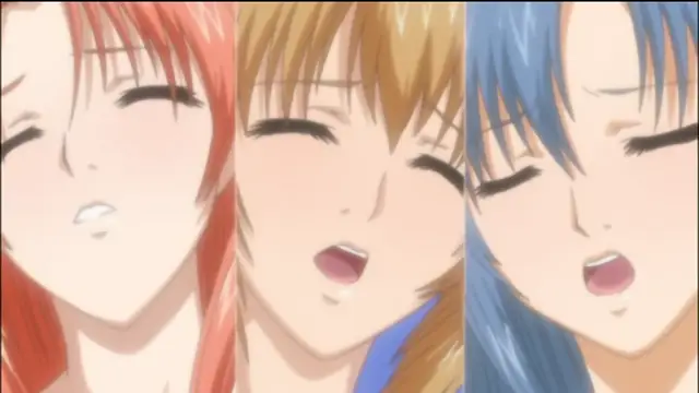 Three anime girls with long red, blonde, and blue hair are shown from the chest up with their eyes closed and mouths open in expressions of pleasure. Screenshot from Sailor Fuku Shinryou Tsumaka - Episode 2