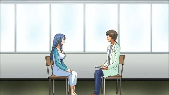 A woman with long blue hair wearing a blue dress sits across from a man in a white doctor's coat in an office. Screenshot from Sailor Fuku Shinryou Tsumaka - Episode 2