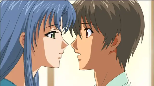 A blue-haired anime girl and a brown-haired anime boy lean in close to each other with their faces nearly touching. Screenshot from Sailor Fuku Shinryou Tsumaka - Episode 2