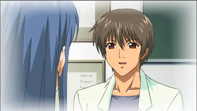 A male character with brown hair and a white lab coat looks on with a surprised expression while standing next to a blue-haired female character in a medical clinic or laboratory setting. Screenshot from Sailor Fuku Shinryou Tsumaka - Episode 2