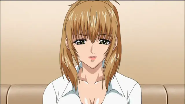 A close-up shot of a blonde woman in a white shirt with cleavage looking directly at the camera. Screenshot from Sailor Fuku Shinryou Tsumaka - Episode 2