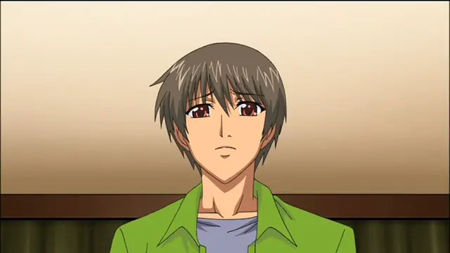 A shocked anime boy with gray hair and brown eyes wears a green shirt over a blue undershirt while looking forward with an open-mouthed expression. Screenshot from Sailor Fuku Shinryou Tsumaka - Episode 2