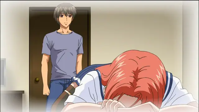 A gray-haired man in a blue t-shirt stands in a doorway looking concerned as a red-haired woman in a school uniform lies face down on a bed with her head on her hands. Screenshot from Sailor Fuku Shinryou Tsumaka - Episode 2
