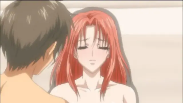 A red-haired anime girl with a blushing face and closed eyes sits in a bath, looking up at a man whose back is to the viewer. Screenshot from Sailor Fuku Shinryou Tsumaka - Episode 2