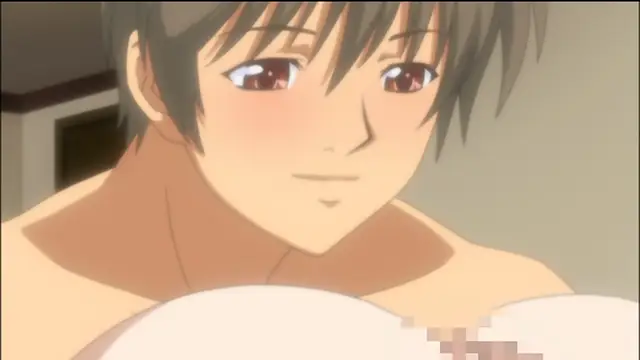 A tanned, muscular young man with dark hair looks down with a blushing, smiling expression at the large breasts of an unseen woman. Screenshot from Sailor Fuku Shinryou Tsumaka - Episode 2