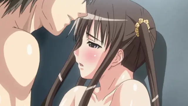 A muscular, shirtless man leans in close to a blushing, long-haired girl with a gold hair ornament, who appears to be looking up at him with a dazed expression. Screenshot from Fault!! - Episode 1