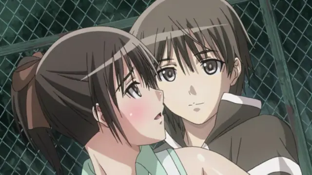 A close-up of an anime girl with a ponytail looking up at a boy with dark hair and brown eyes as she leans against a metal fence. Screenshot from Fault!! - Episode 1
