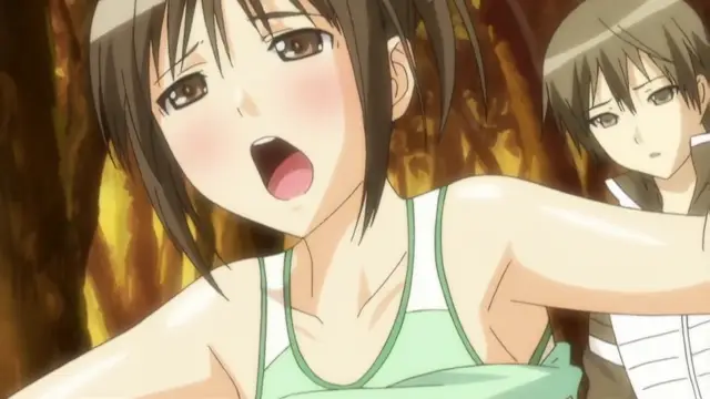 A blushing anime girl with a shocked expression looks toward the viewer while a boy stands behind her in a forest setting. Screenshot from Fault!! - Episode 2