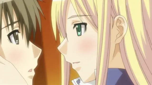 A blonde girl with blushing cheeks and a male character with dark hair look at each other closely with a blush. Screenshot from Fault!! - Episode 2