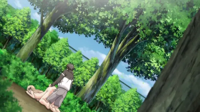 A girl is lying on a dirt path in a lush forest while a man sits beside her with his hand on her breast. Screenshot from Fault!! - Episode 3