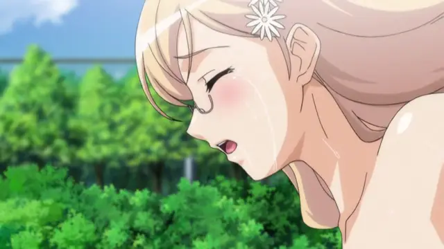 A blonde anime girl with a white flower in her hair has an ecstatic expression with sweat dripping down her face as she gazes out towards a lush green forest. Screenshot from Fault!! - Episode 3