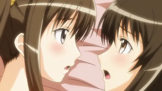 A close-up shot of two anime girls with brown hair and blushing faces looking at each other with surprised expressions while lying on a pink surface. Screenshot from Fault!! - Episode 3
