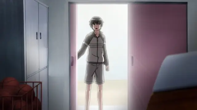 A male anime character wearing a grey tracksuit stands in a doorway with a shocked expression. Screenshot from Fault!! - Episode 3