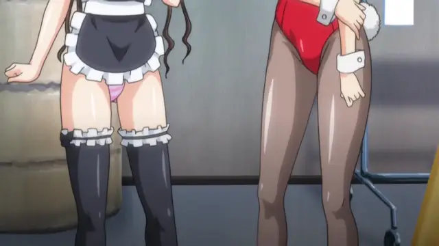 A girl in a black and white ruffled outfit and thigh-high stockings stands next to another girl in a red swimsuit and white bandages on her arm. Screenshot from Fault!! - Episode 3