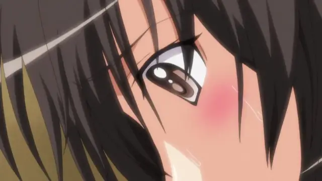 A close-up shot of an anime girl with dark hair, blushing deeply and sweating, looking towards the camera with a lustful or exhausted expression. Screenshot from Fault!! - Episode 3