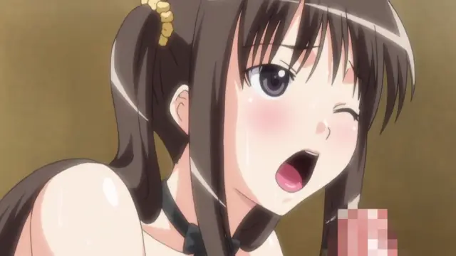 A blushing anime girl with brown hair in pigtails and a choker has a shocked expression and her mouth wide open while being engaged in sexual activity. Screenshot from Fault!! - Episode 3