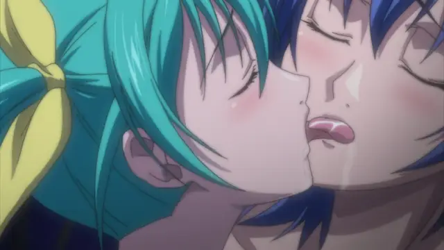 A close-up shot of a blue-haired girl with a yellow ribbon and a dark-haired boy kissing in an anime scene. Screenshot from Discipline Zero - Episode 1