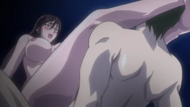 A muscular man and a woman with glasses are under a light pink sheet in a dark room, with the man's back to the camera and the woman looking towards him with a surprised expression. Screenshot from Discipline Zero - Episode 1