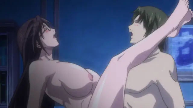 A naked anime woman with long brown hair leans back while a naked man with short green hair holds her leg up behind his head, both with heavy blushing faces. Screenshot from Discipline Zero - Episode 1